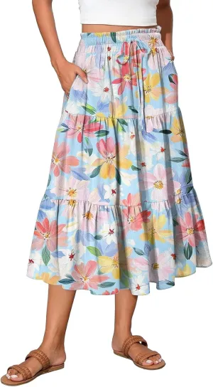 Midi Skirts for Women 2025 Boho Floral Skirts Tiered Ruffle Skirt Flowy High Elastic Waisted A Line Skorts with Pockets