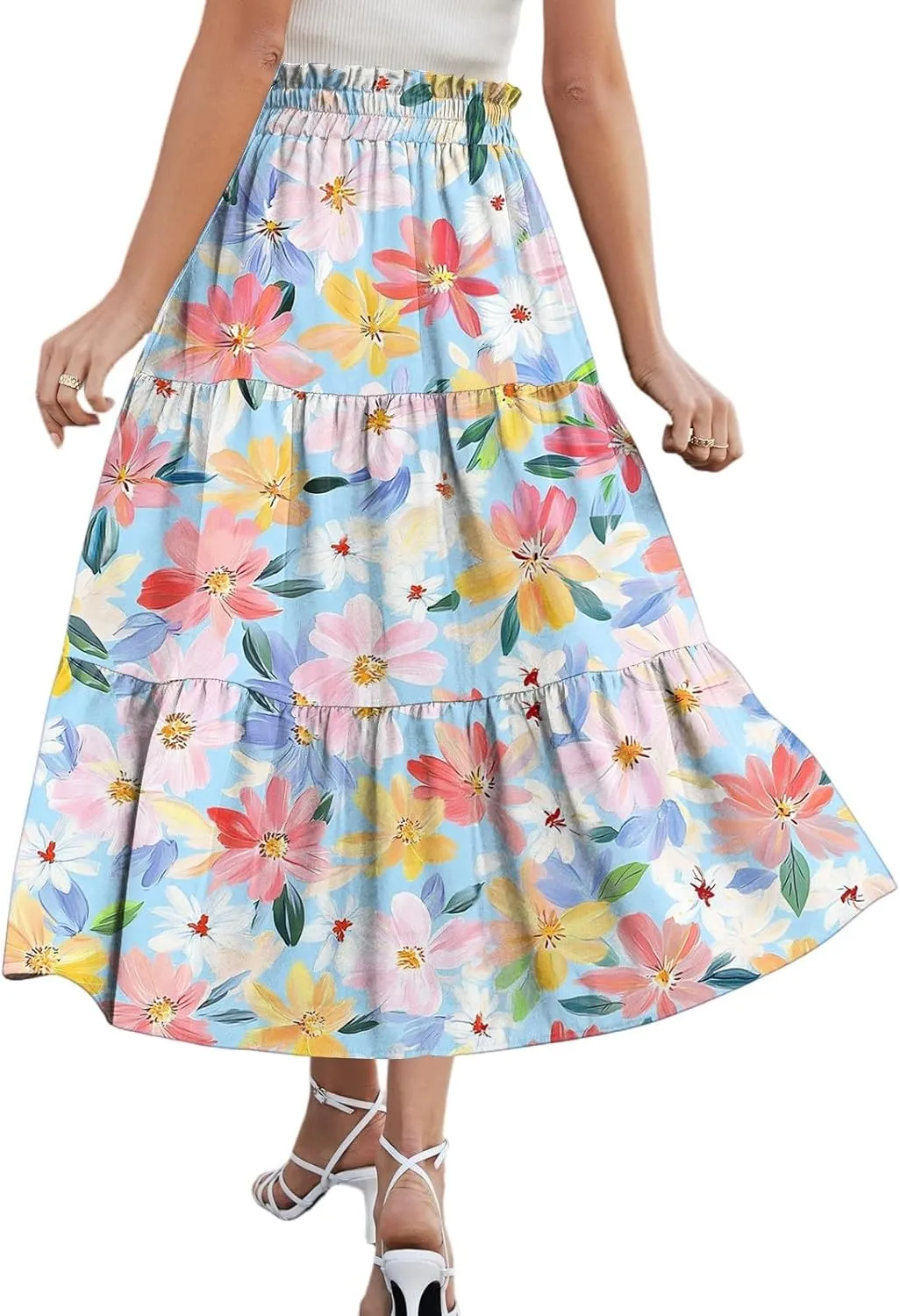 Midi Skirts for Women 2025 Boho Floral Skirts Tiered Ruffle Skirt Flowy High Elastic Waisted A Line Skorts with Pockets