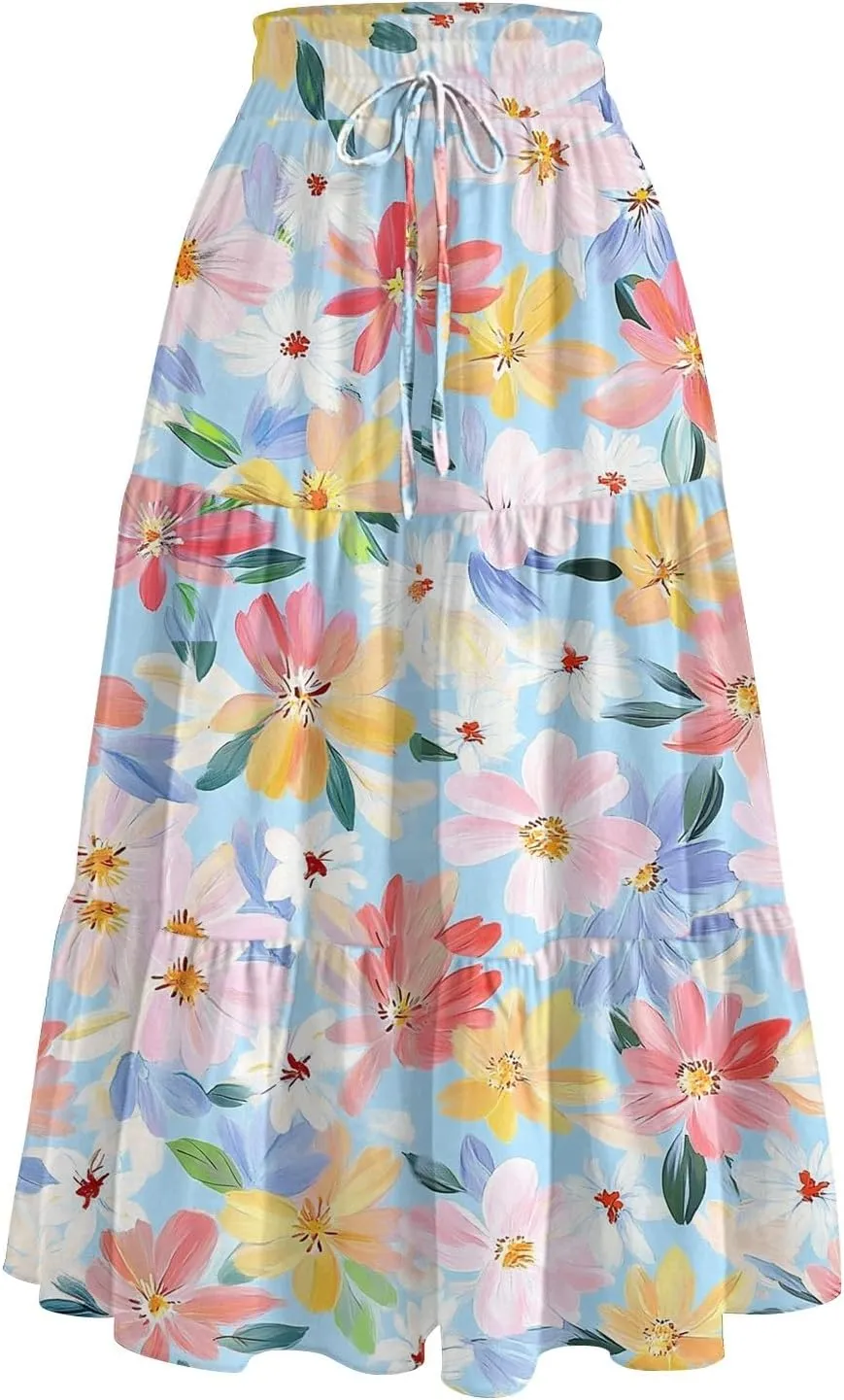 Midi Skirts for Women 2025 Boho Floral Skirts Tiered Ruffle Skirt Flowy High Elastic Waisted A Line Skorts with Pockets