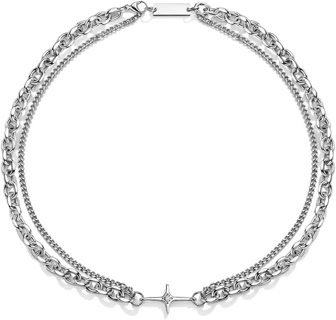 MIFYNN Silver Cross Necklaces for Men Women Pendant Layered Necklace Stainless steel Cuban Necklaces Retro Punk Statement Choke Necklaces for Men Women Jewelry Gifts.