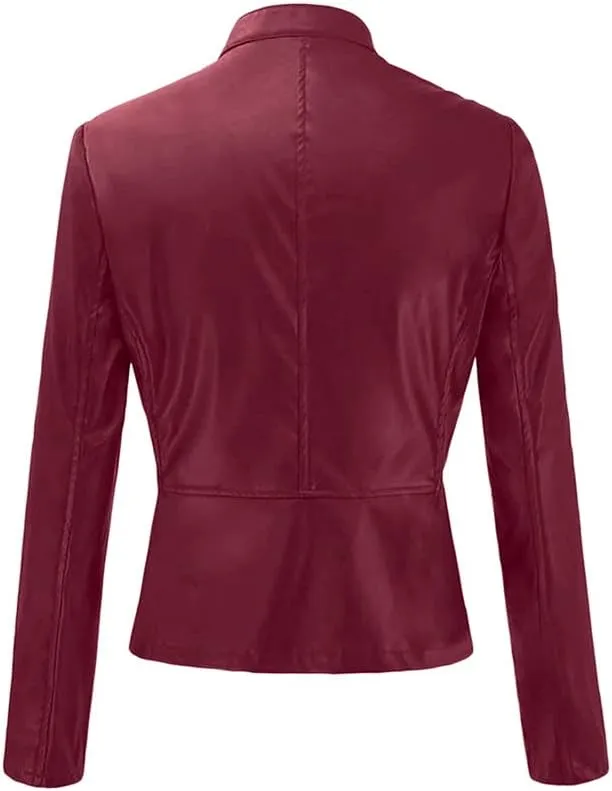 Miyaomn Women's Punk Zip Up Moto Biker Crop Jackets PU Faux Leather Slim Fit Collared Long Sleeve Petite Short Coat Outerwear