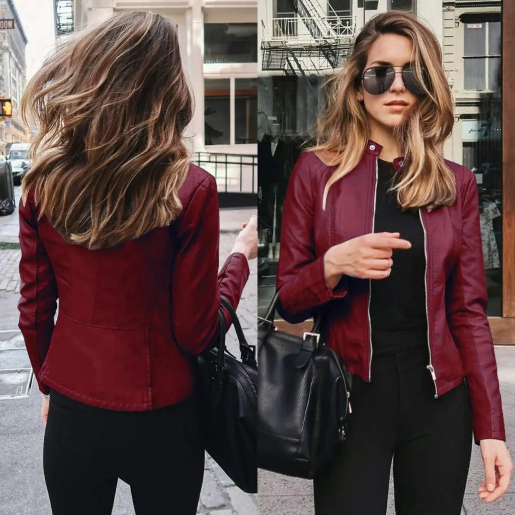 Miyaomn Women's Punk Zip Up Moto Biker Crop Jackets PU Faux Leather Slim Fit Collared Long Sleeve Petite Short Coat Outerwear