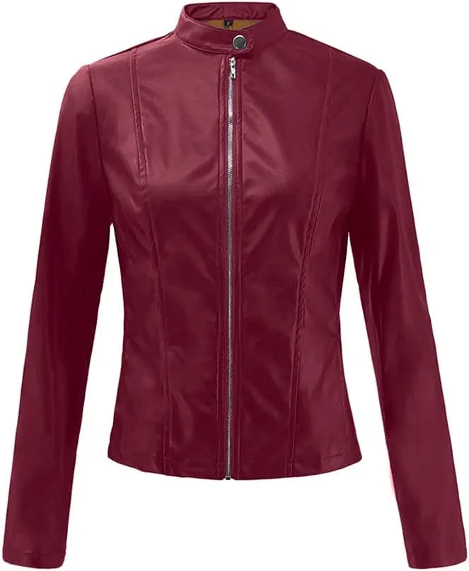 Miyaomn Women's Punk Zip Up Moto Biker Crop Jackets PU Faux Leather Slim Fit Collared Long Sleeve Petite Short Coat Outerwear
