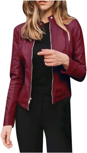 Miyaomn Women's Punk Zip Up Moto Biker Crop Jackets PU Faux Leather Slim Fit Collared Long Sleeve Petite Short Coat Outerwear