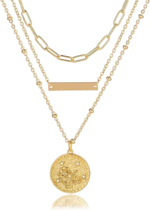 MJartoria Gold Layered Necklaces for Women Trendy Birth Flower Necklaces, August Flower Necklace, 14K Gold Plated Necklaces Engraved Coin, Bar Pendant Necklace Birthday Gifts