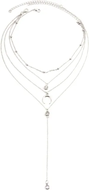 Multilayer Necklaces for Women, Dainty Layered Necklaces for Women Moon Pendant Rhinestones Long Chain Y Pendant Necklaces Jewelry Birthday Gift for Her, 2 Pieces Layered