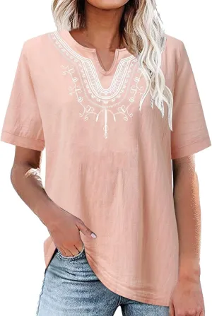 Mzkdieey Women's Embroidered Blouse Cotton Linen Short Sleeve Peasant Boho Tunic Tops Casual Notch V Neck Loose Fit T-Shirt