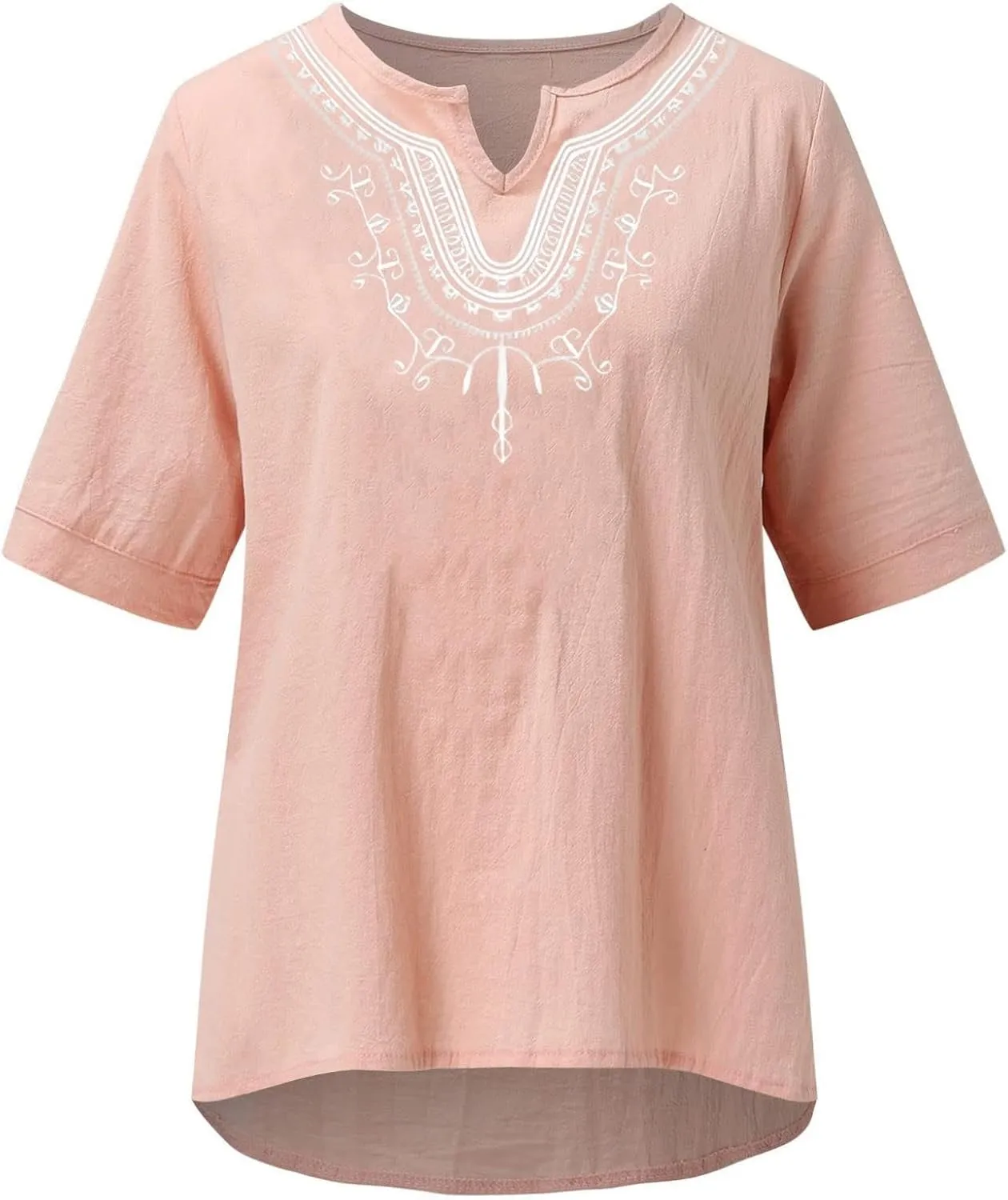 Mzkdieey Women's Embroidered Blouse Cotton Linen Short Sleeve Peasant Boho Tunic Tops Casual Notch V Neck Loose Fit T-Shirt
