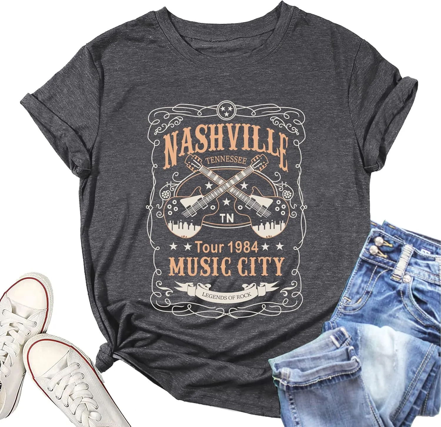 Nashville Shirt for Women Music City Guitar Graphic T Shirt Vintage Band Tees Tennessee Concert Tees Tops