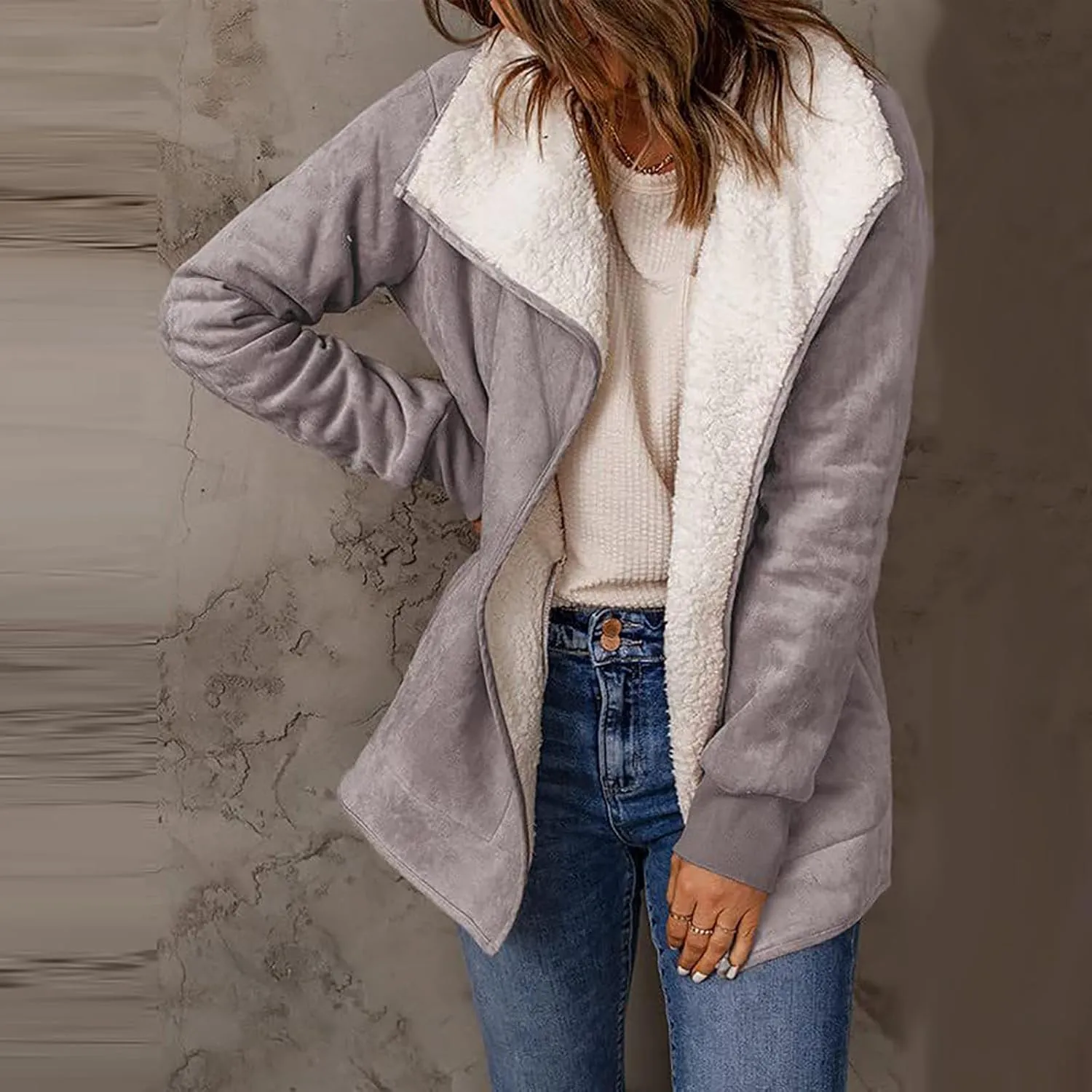 NATHGAM women Sherpa Lined Coat Outwear Winter Thick Warm bomber Jacket fashion lapel Faux Suede Leather Biker Motor Overcoat