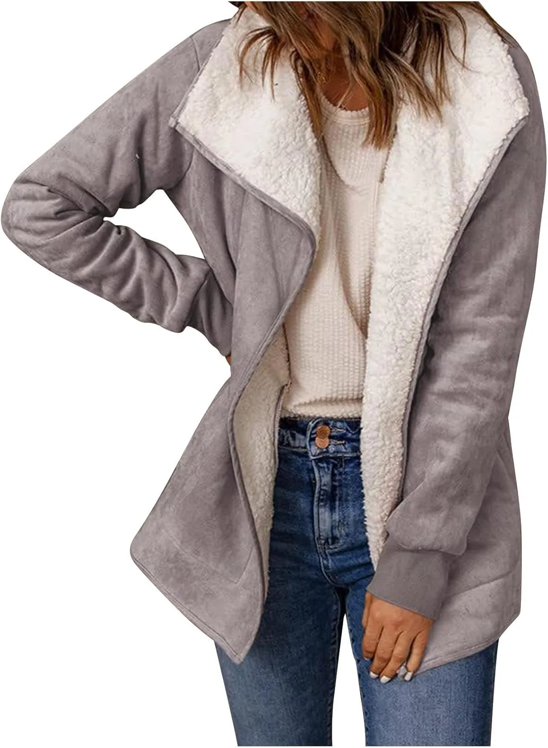 NATHGAM women Sherpa Lined Coat Outwear Winter Thick Warm bomber Jacket fashion lapel Faux Suede Leather Biker Motor Overcoat