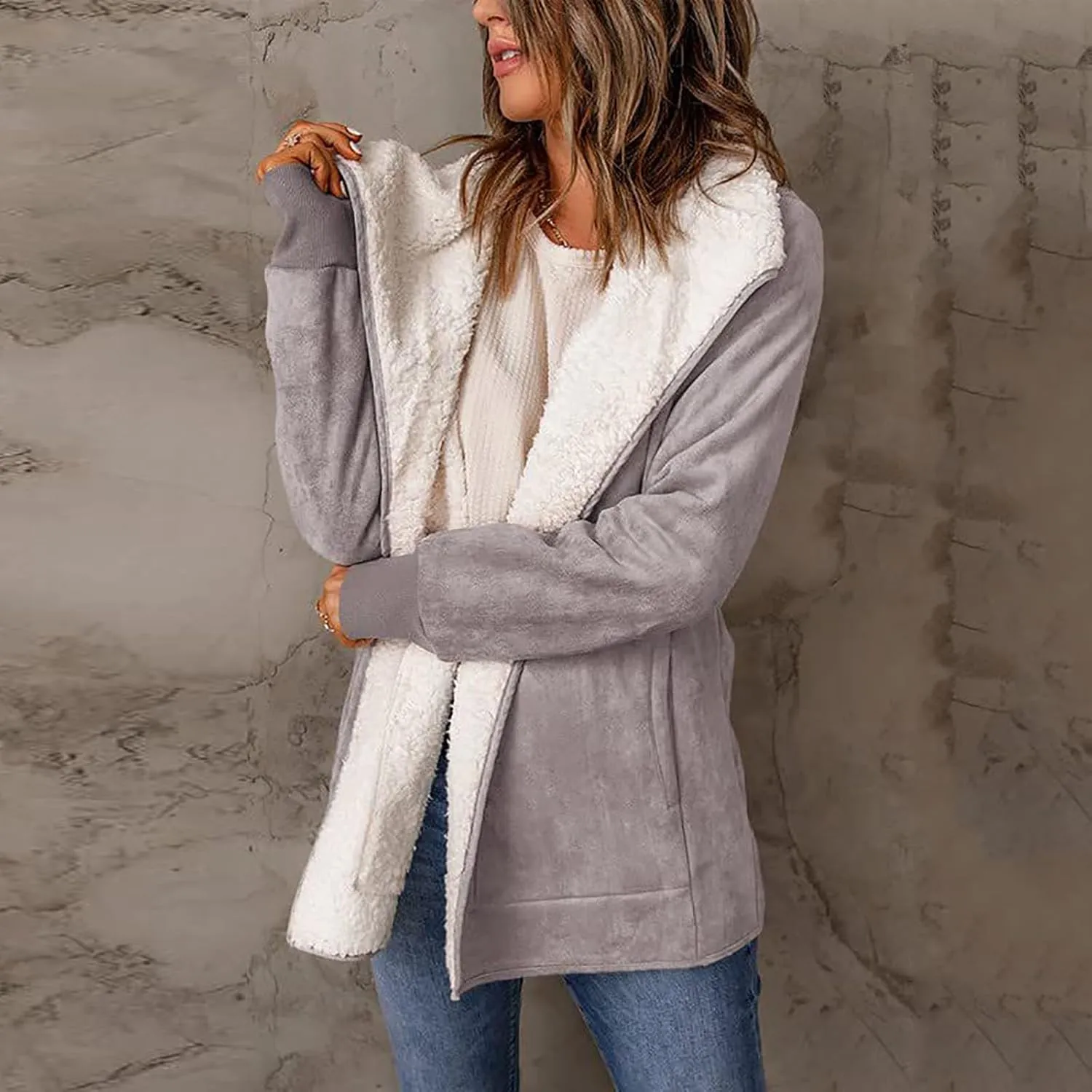 NATHGAM women Sherpa Lined Coat Outwear Winter Thick Warm bomber Jacket fashion lapel Faux Suede Leather Biker Motor Overcoat