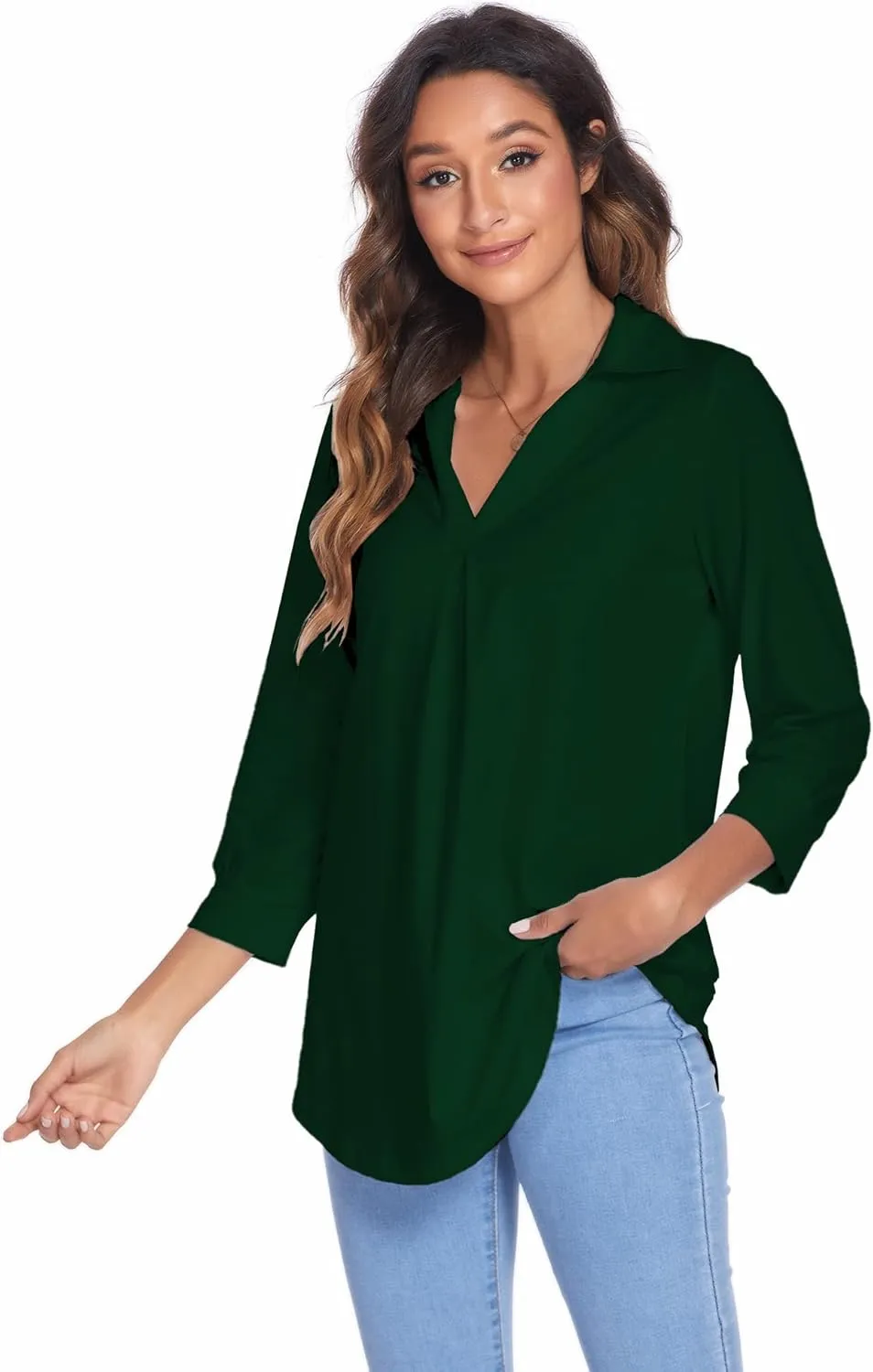 Newchoice Womens Collared V Neck 3/4 Sleeve Shirts Business Casual Tops Loose Work Blouses (S-3XL)