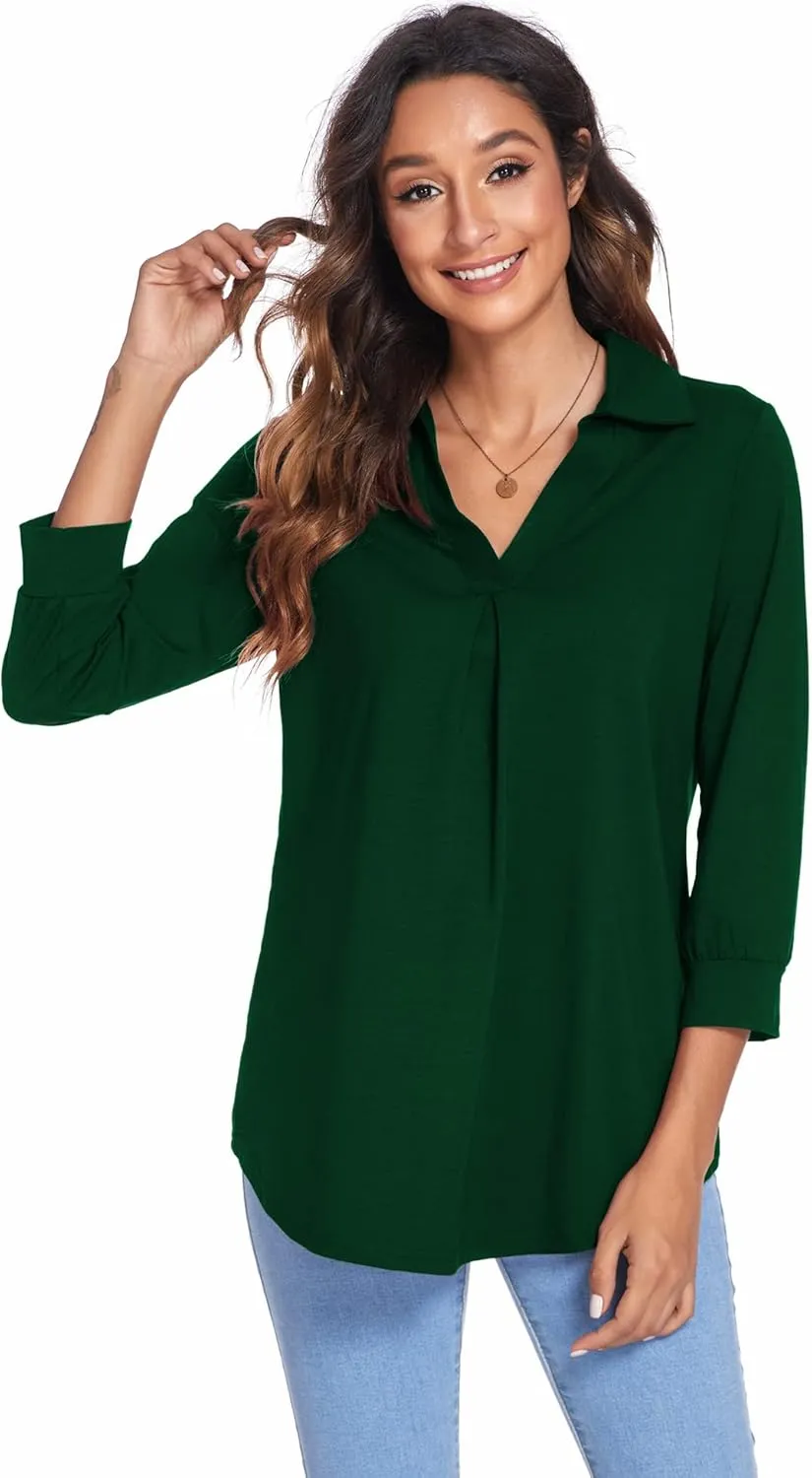 Newchoice Womens Collared V Neck 3/4 Sleeve Shirts Business Casual Tops Loose Work Blouses (S-3XL)