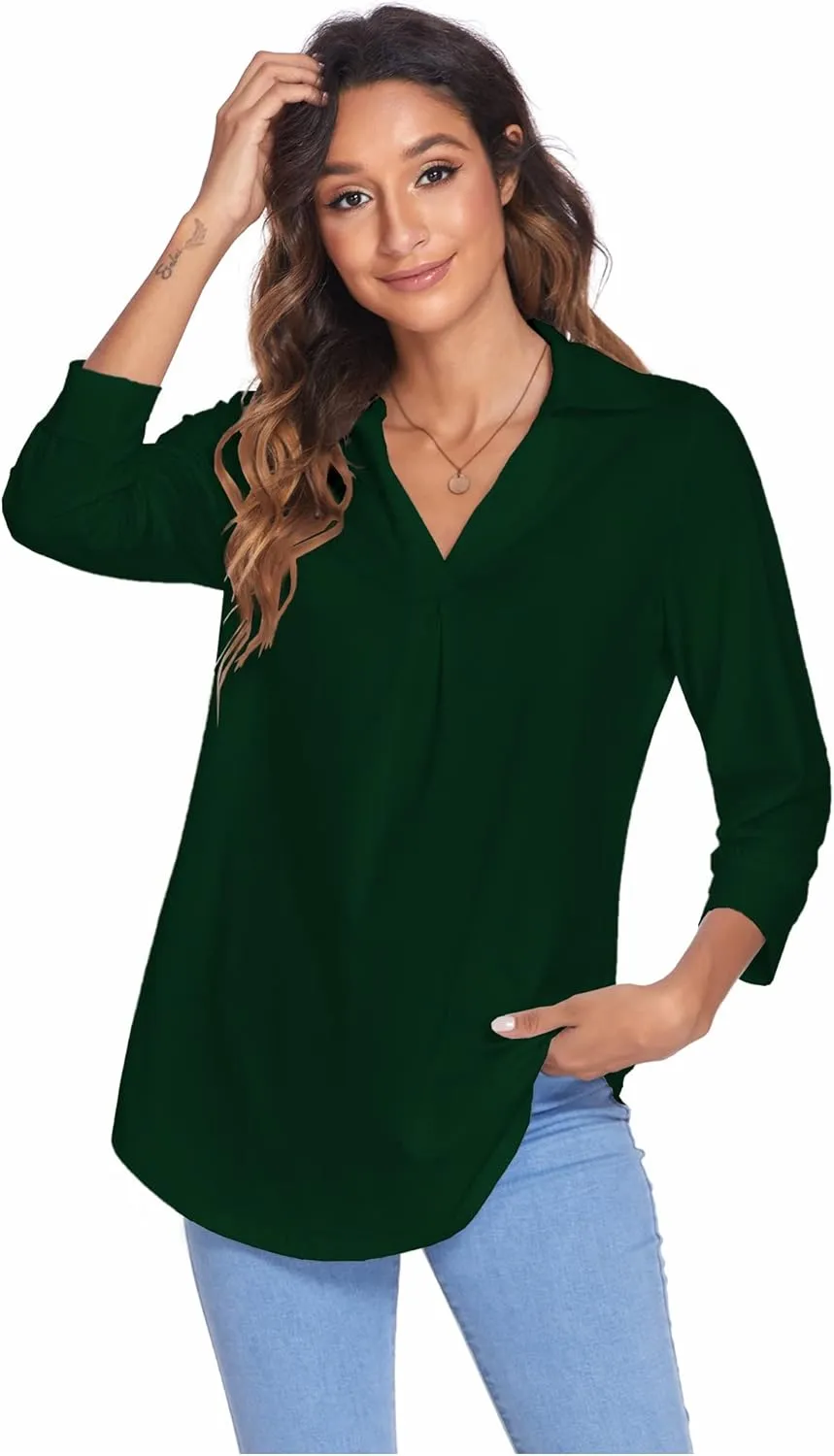 Newchoice Womens Collared V Neck 3/4 Sleeve Shirts Business Casual Tops Loose Work Blouses (S-3XL)