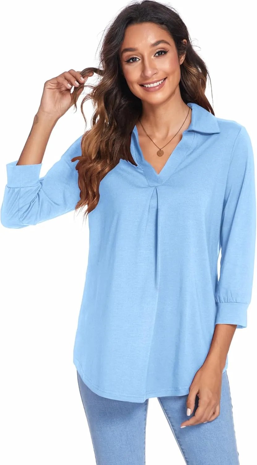 Newchoice Womens Collared V Neck 3/4 Sleeve Shirts Business Casual Tops Loose Work Blouses (S-3XL)