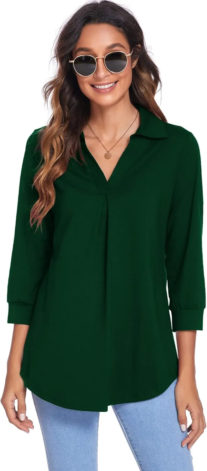Newchoice Womens Collared V Neck 3/4 Sleeve Shirts Business Casual Tops Loose Work Blouses (S-3XL)