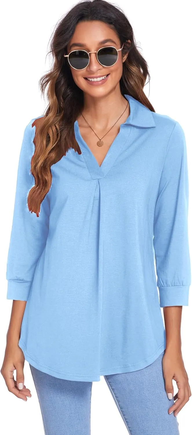 Newchoice Womens Collared V Neck 3/4 Sleeve Shirts Business Casual Tops Loose Work Blouses (S-3XL)