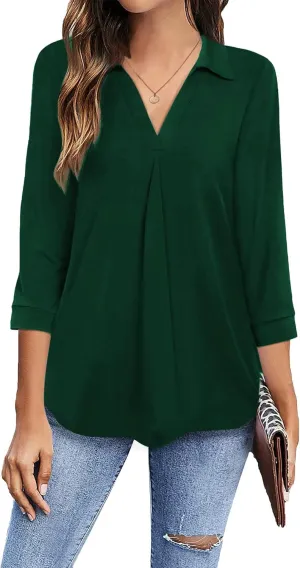 Newchoice Womens Collared V Neck 3/4 Sleeve Shirts Business Casual Tops Loose Work Blouses (S-3XL)