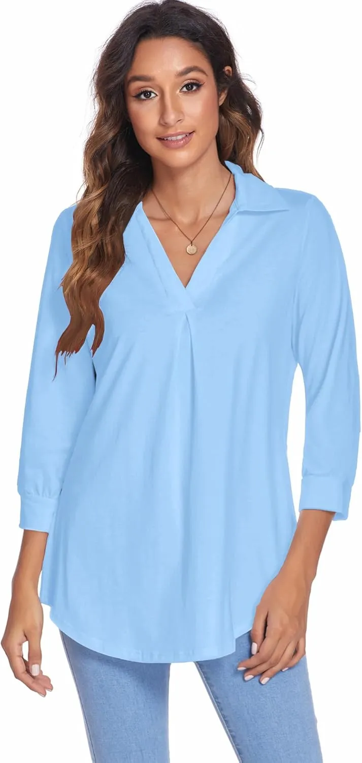 Newchoice Womens Collared V Neck 3/4 Sleeve Shirts Business Casual Tops Loose Work Blouses (S-3XL)
