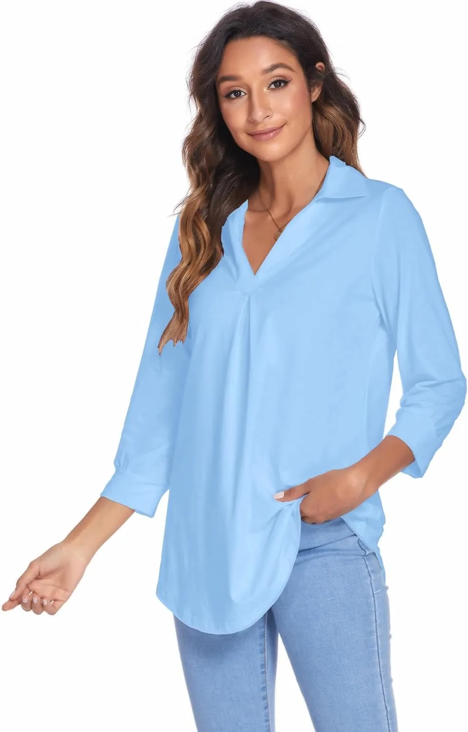 Newchoice Womens Collared V Neck 3/4 Sleeve Shirts Business Casual Tops Loose Work Blouses (S-3XL)