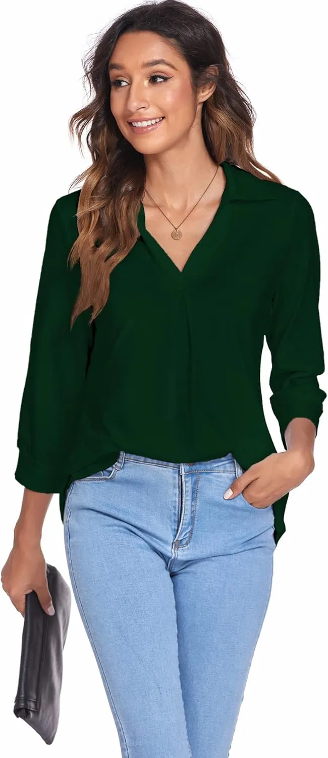 Newchoice Womens Collared V Neck 3/4 Sleeve Shirts Business Casual Tops Loose Work Blouses (S-3XL)
