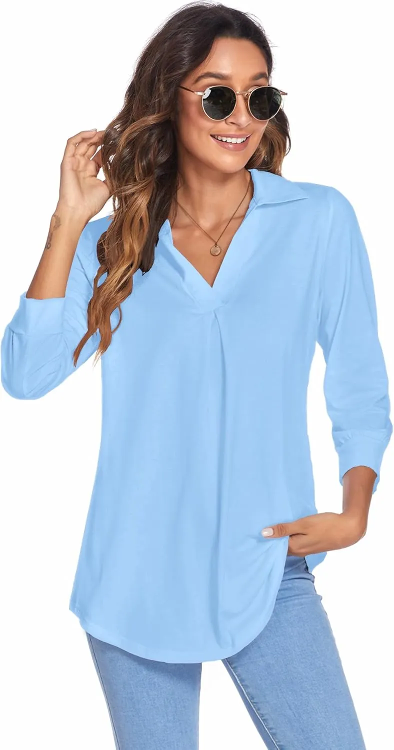 Newchoice Womens Collared V Neck 3/4 Sleeve Shirts Business Casual Tops Loose Work Blouses (S-3XL)
