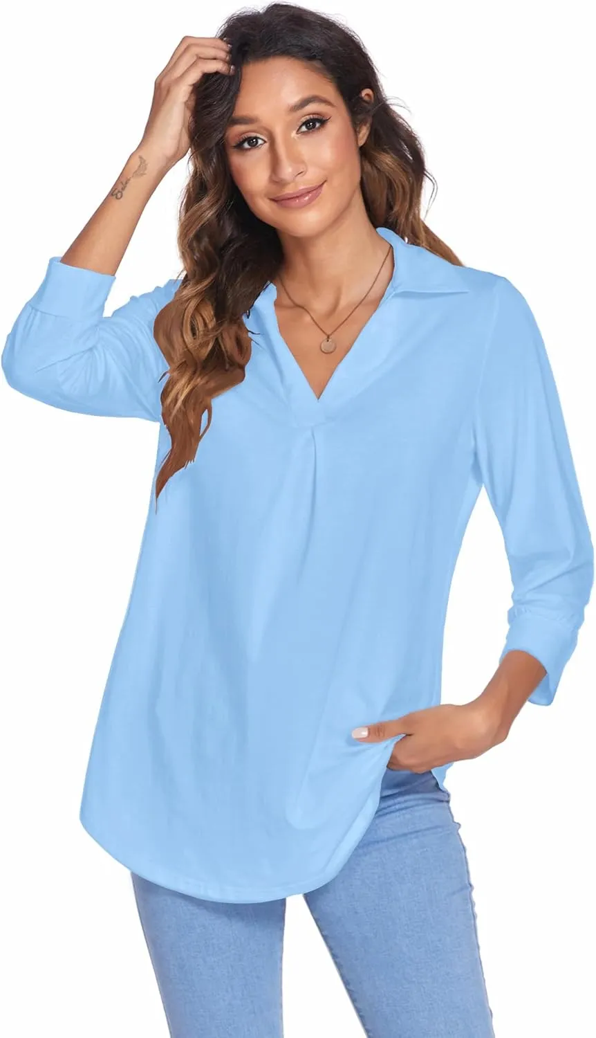Newchoice Womens Collared V Neck 3/4 Sleeve Shirts Business Casual Tops Loose Work Blouses (S-3XL)