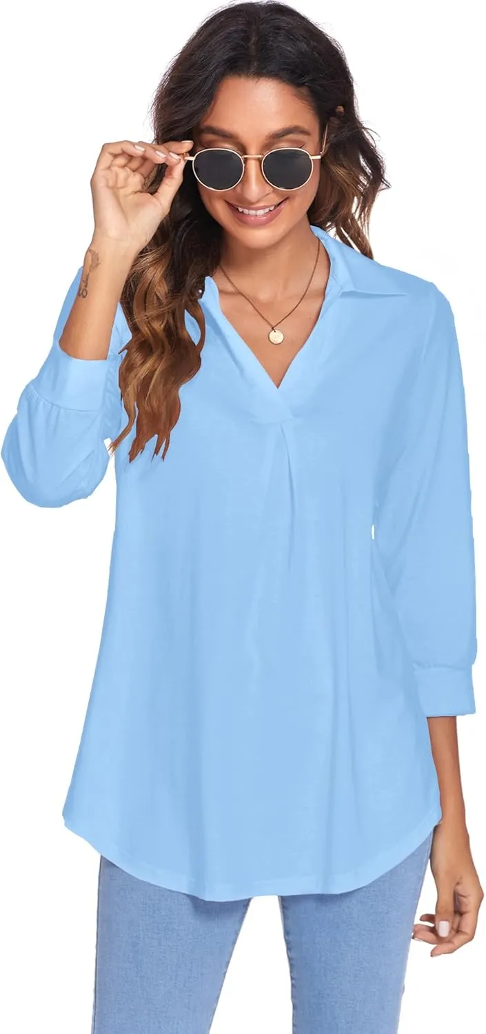 Newchoice Womens Collared V Neck 3/4 Sleeve Shirts Business Casual Tops Loose Work Blouses (S-3XL)