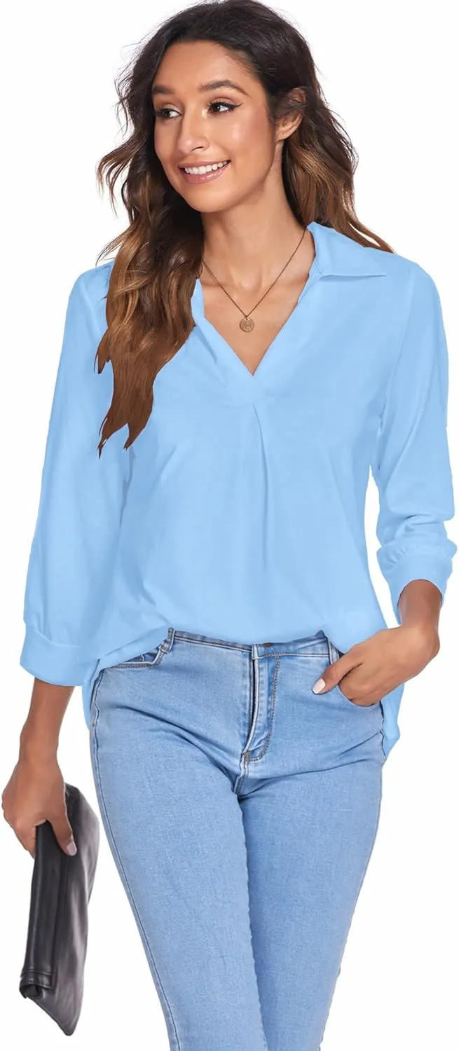 Newchoice Womens Collared V Neck 3/4 Sleeve Shirts Business Casual Tops Loose Work Blouses (S-3XL)
