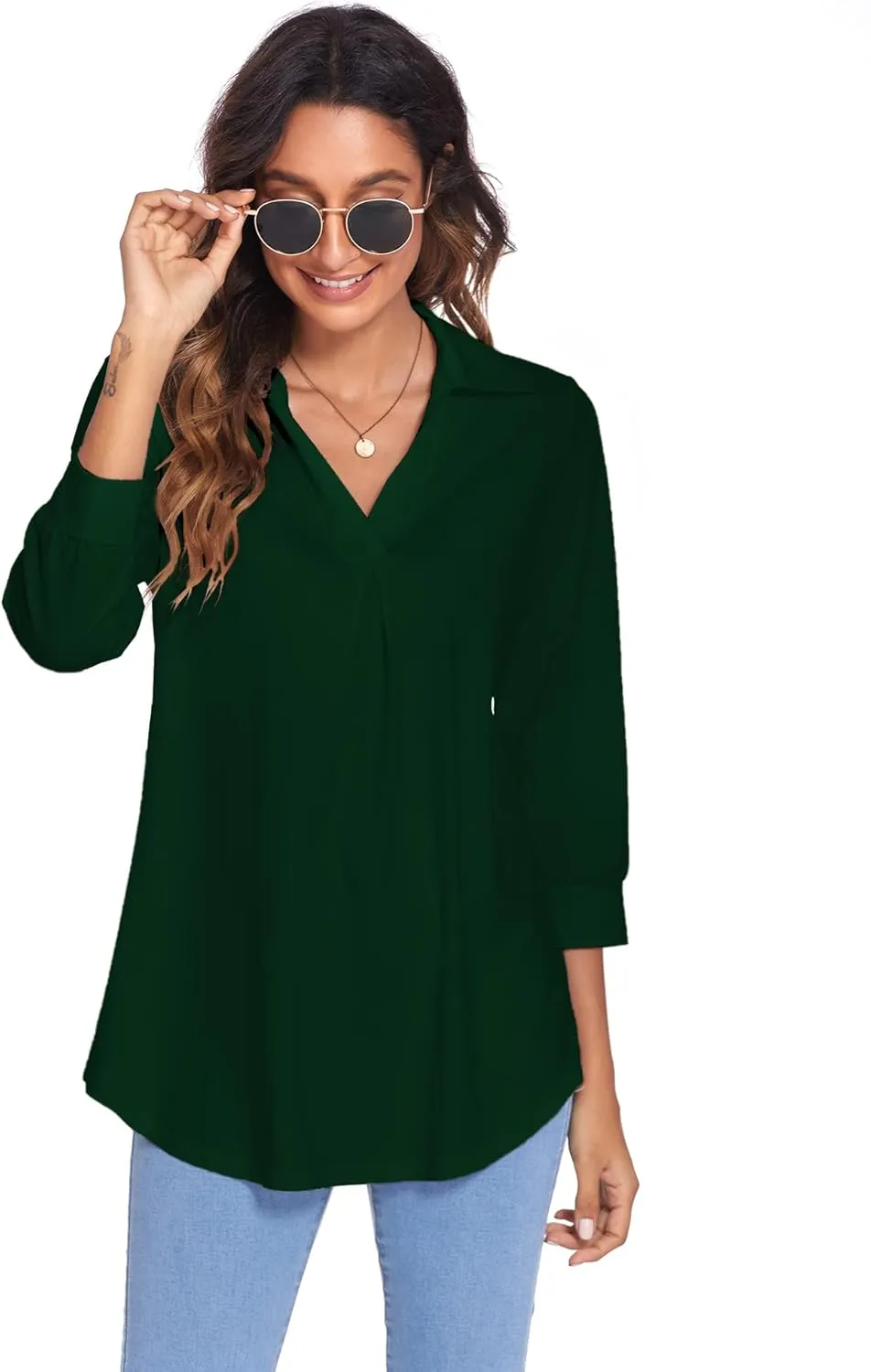 Newchoice Womens Collared V Neck 3/4 Sleeve Shirts Business Casual Tops Loose Work Blouses (S-3XL)