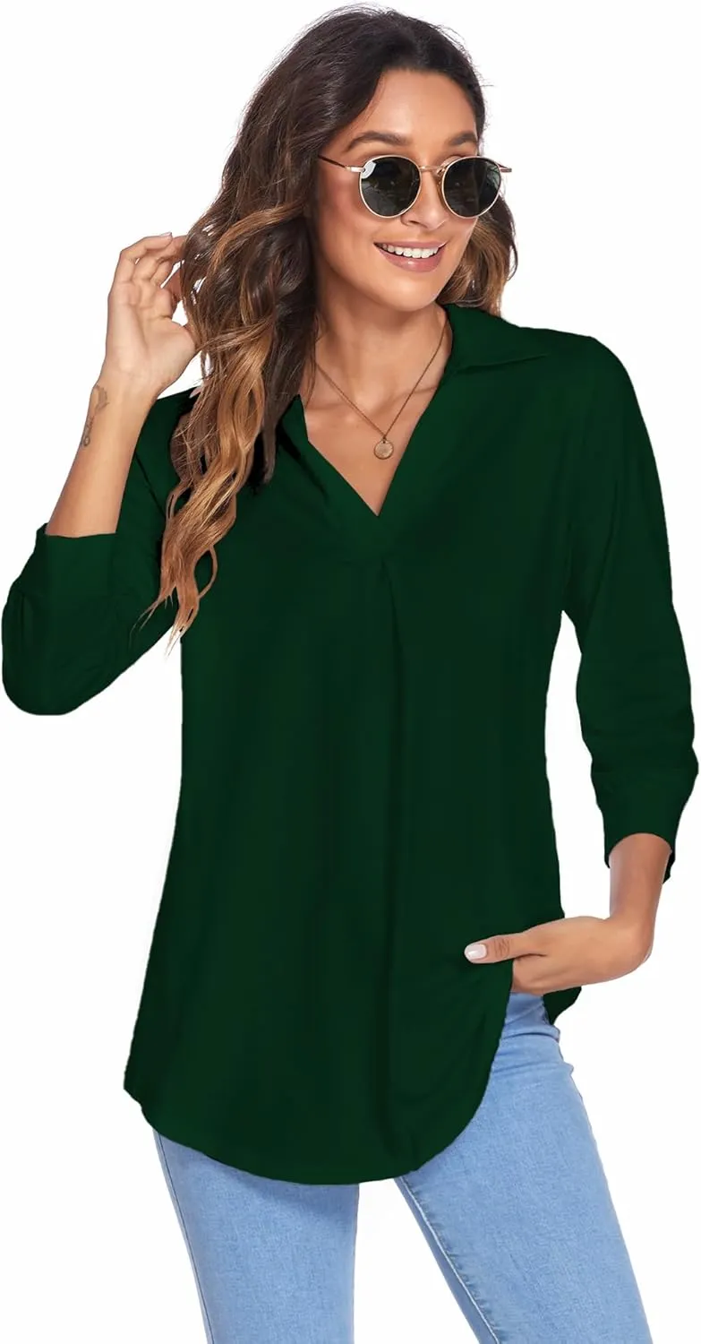 Newchoice Womens Collared V Neck 3/4 Sleeve Shirts Business Casual Tops Loose Work Blouses (S-3XL)