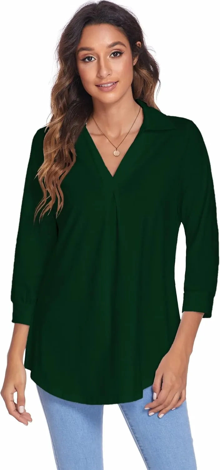 Newchoice Womens Collared V Neck 3/4 Sleeve Shirts Business Casual Tops Loose Work Blouses (S-3XL)