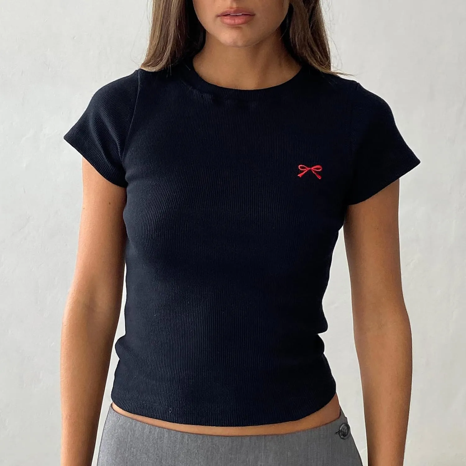 NUFIWI Womens Short Sleeve Graphic Baby Tees Y2k Bow Print T Shirt Crop Top E Girls Cute Aesthetic Clothes Summer