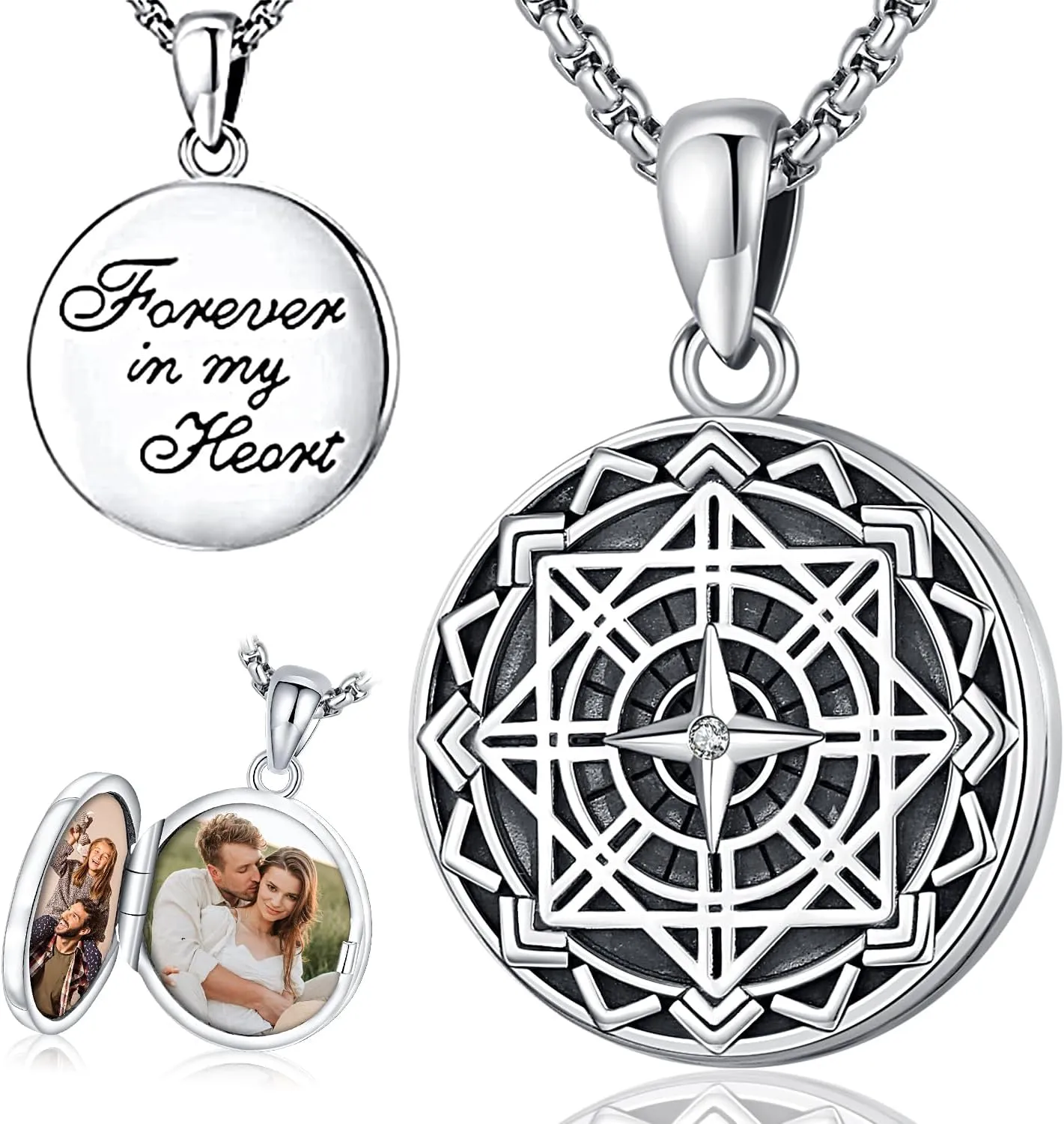 Odinstone Viking Compass Pendant Necklace Sterling Silver Compass Locket Urn Necklace Cremation Jewelry for Men Women