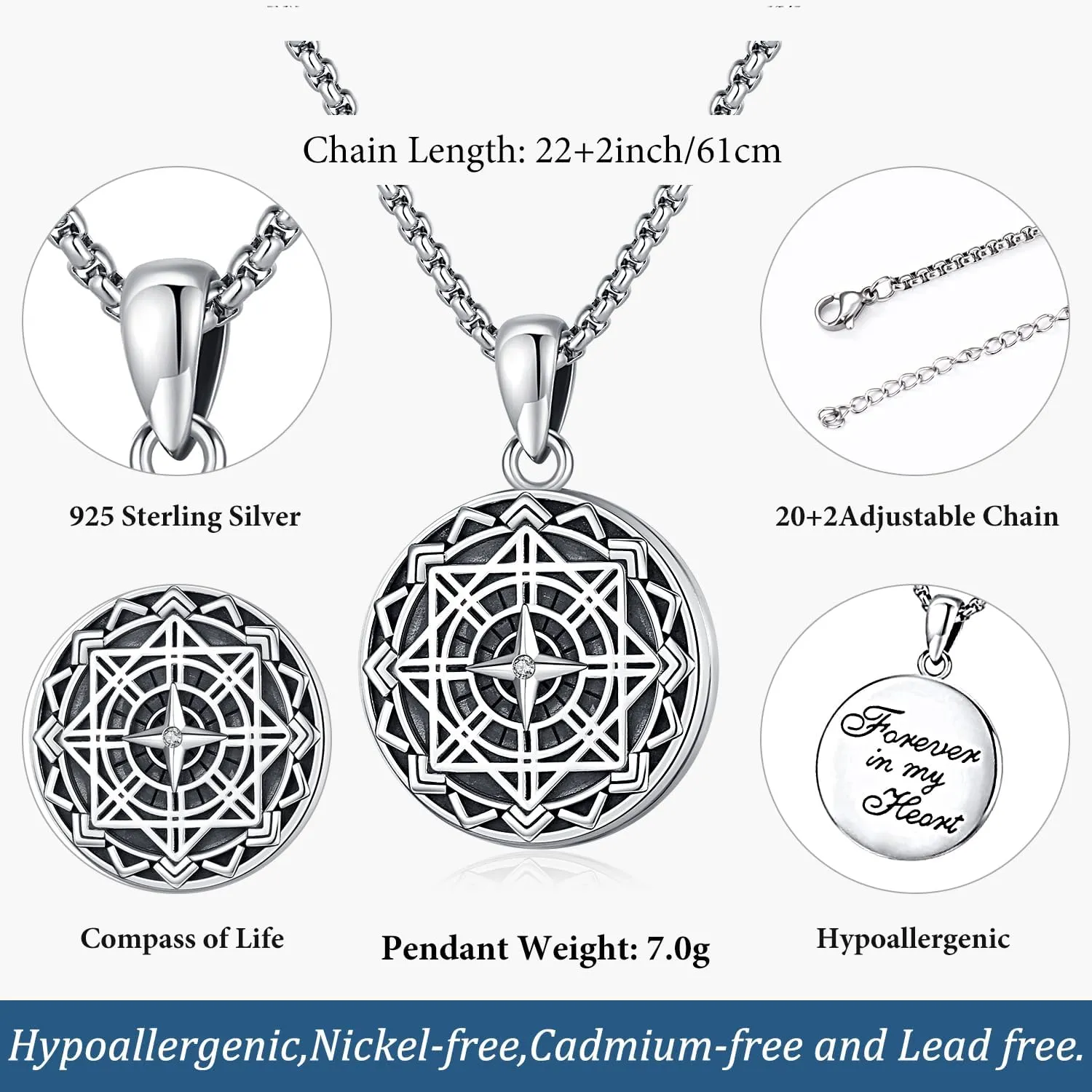 Odinstone Viking Compass Pendant Necklace Sterling Silver Compass Locket Urn Necklace Cremation Jewelry for Men Women