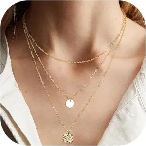 ORAZIO Gold Necklaces for Women,Dainty Layered Choker Necklace,14K Gold Plated Pendant Necklace Multilayer Disc/Bar/Pearls Necklaces,Adjustable Layering Choker Necklaces for Women