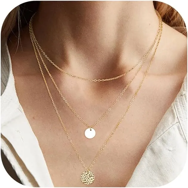 ORAZIO Gold Necklaces for Women,Dainty Layered Choker Necklace,14K Gold Plated Pendant Necklace Multilayer Disc/Bar/Pearls Necklaces,Adjustable Layering Choker Necklaces for Women