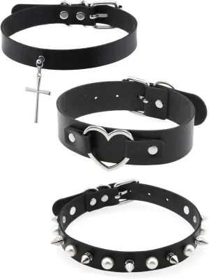 Outman Pack of 3Pcs Leather Punk Goth Choker Necklaces Collar Necklaces Collarbone Chain for Women