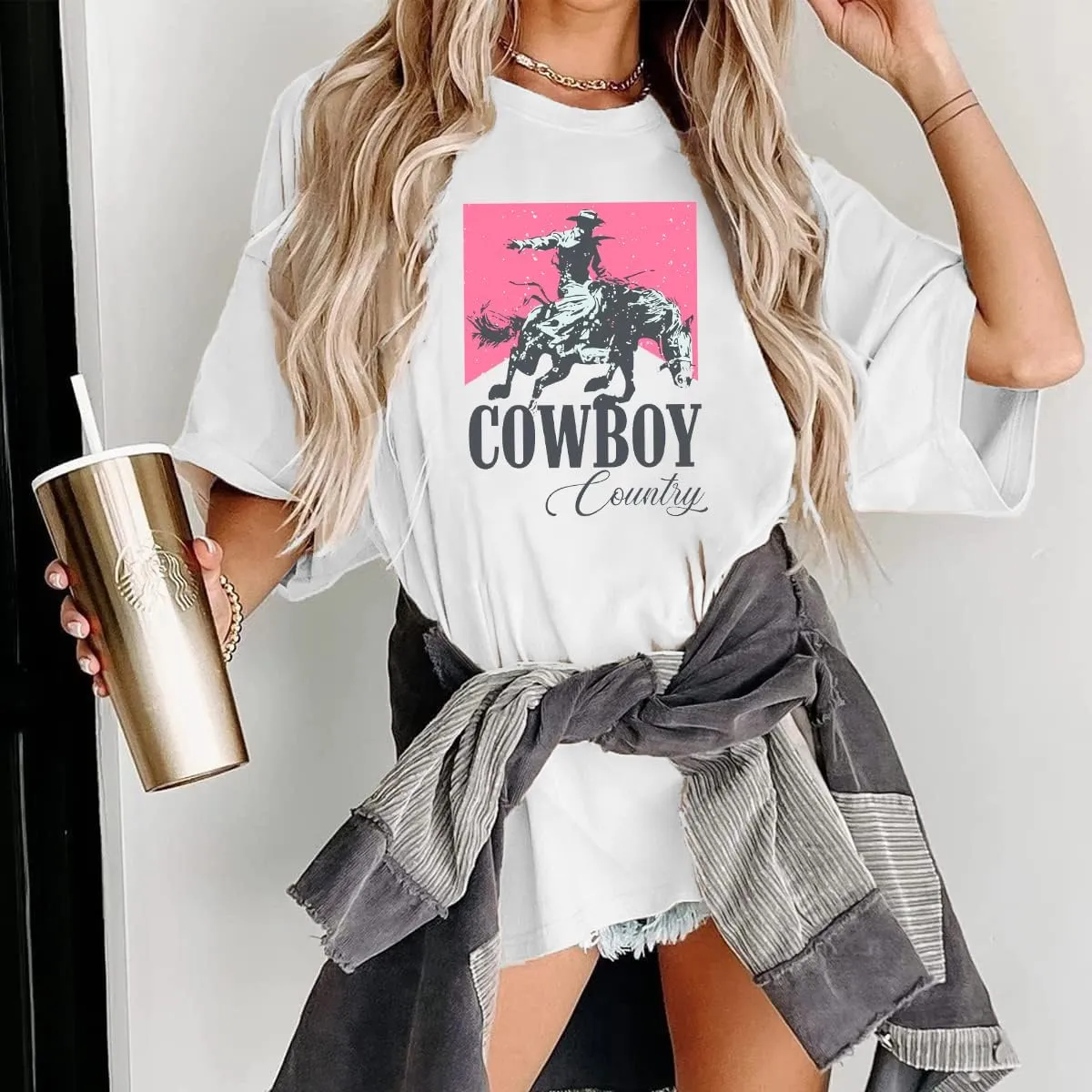 Oversized Cowboy Country Shirt Women: Cowgirl Country Music Shirt Rodeo Graphic Tee Casual Loose Western Top