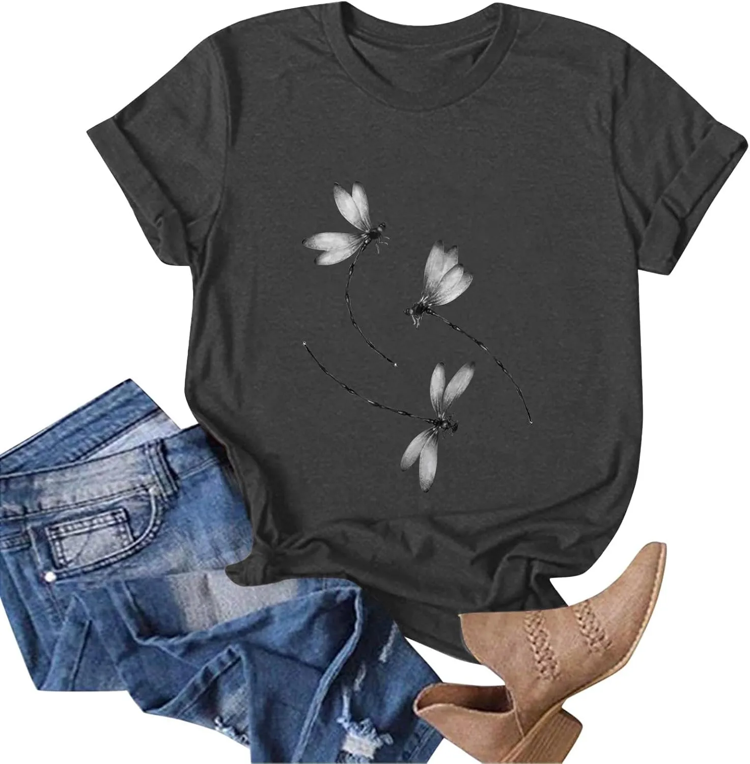Oversized Graphic Tee Shirts for Women Casual Summer Funny Dragonfly Printed Short Sleeve Loose Crewneck Cute T Shirts Tops