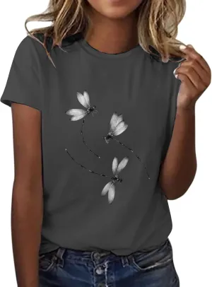 Oversized Graphic Tee Shirts for Women Casual Summer Funny Dragonfly Printed Short Sleeve Loose Crewneck Cute T Shirts Tops