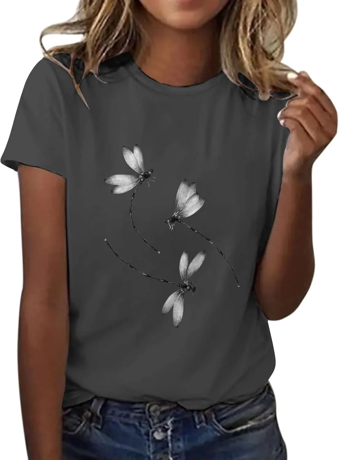 Oversized Graphic Tee Shirts for Women Casual Summer Funny Dragonfly Printed Short Sleeve Loose Crewneck Cute T Shirts Tops