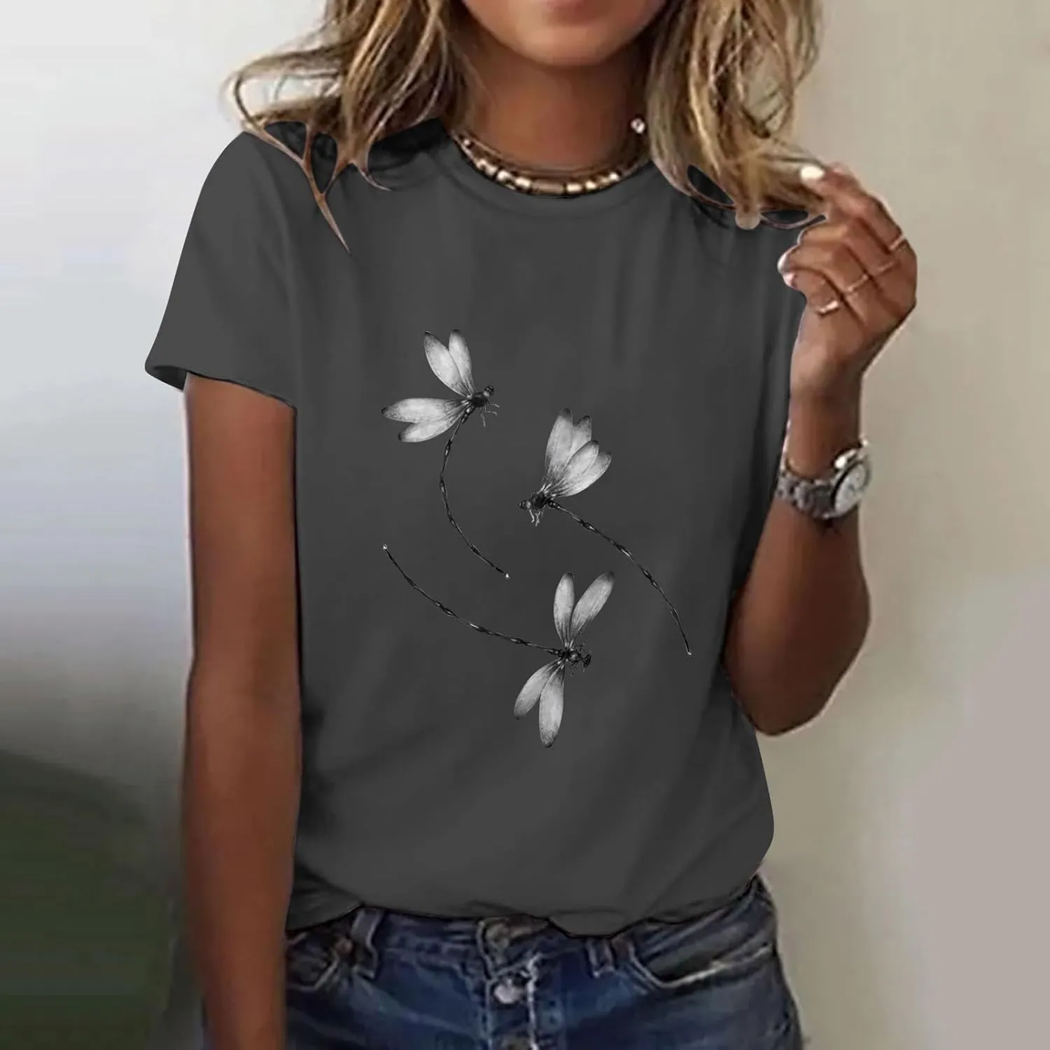 Oversized Graphic Tee Shirts for Women Casual Summer Funny Dragonfly Printed Short Sleeve Loose Crewneck Cute T Shirts Tops