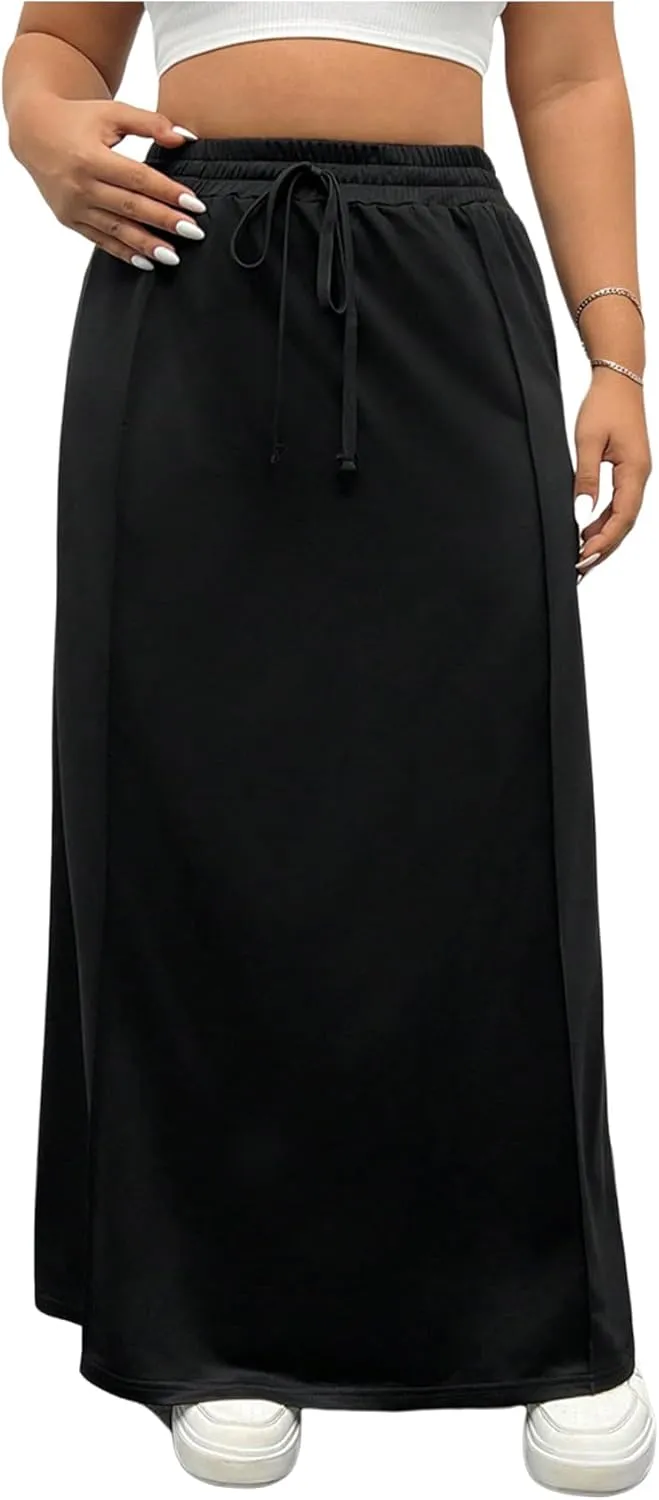 OYOANGLE Women's Plus Size Elastic Drawstring Waist Straight Long Skirt Basic Solid Casual Skirts