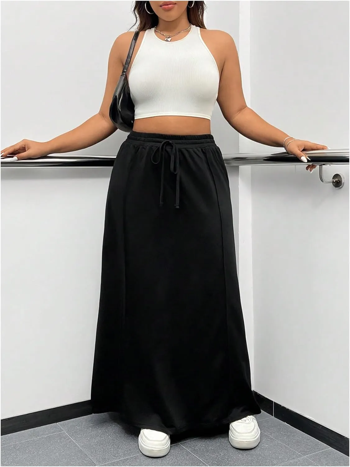 OYOANGLE Women's Plus Size Elastic Drawstring Waist Straight Long Skirt Basic Solid Casual Skirts