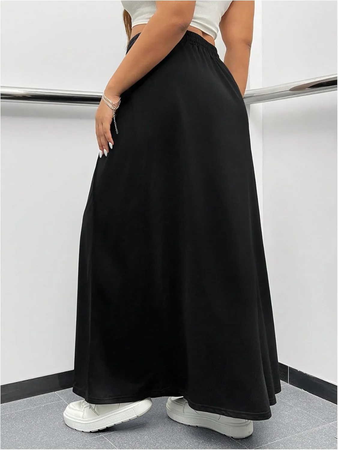 OYOANGLE Women's Plus Size Elastic Drawstring Waist Straight Long Skirt Basic Solid Casual Skirts