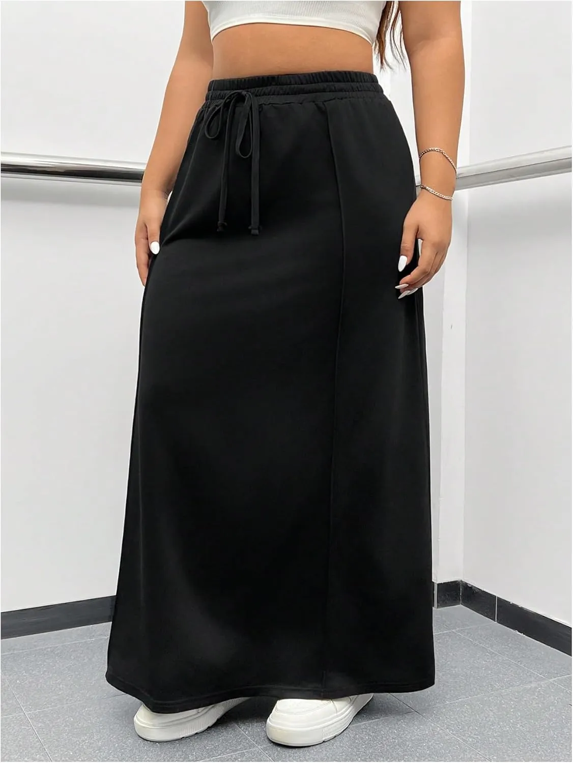 OYOANGLE Women's Plus Size Elastic Drawstring Waist Straight Long Skirt Basic Solid Casual Skirts