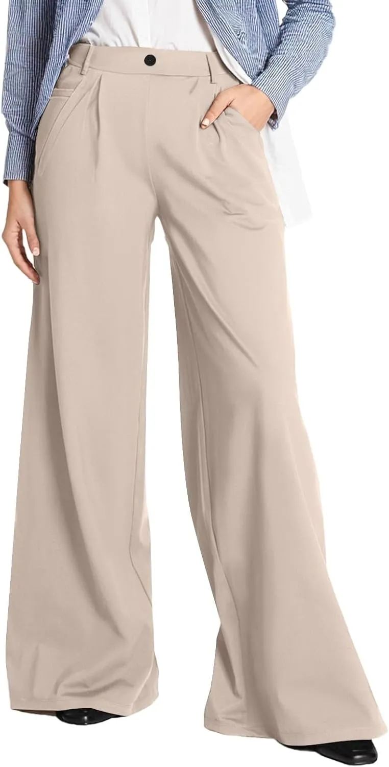 Palazzo Pants for Women Dressy Casual Wedding High Waisted Wide Leg Dress Pants Comfy Work Trousers with Pockets