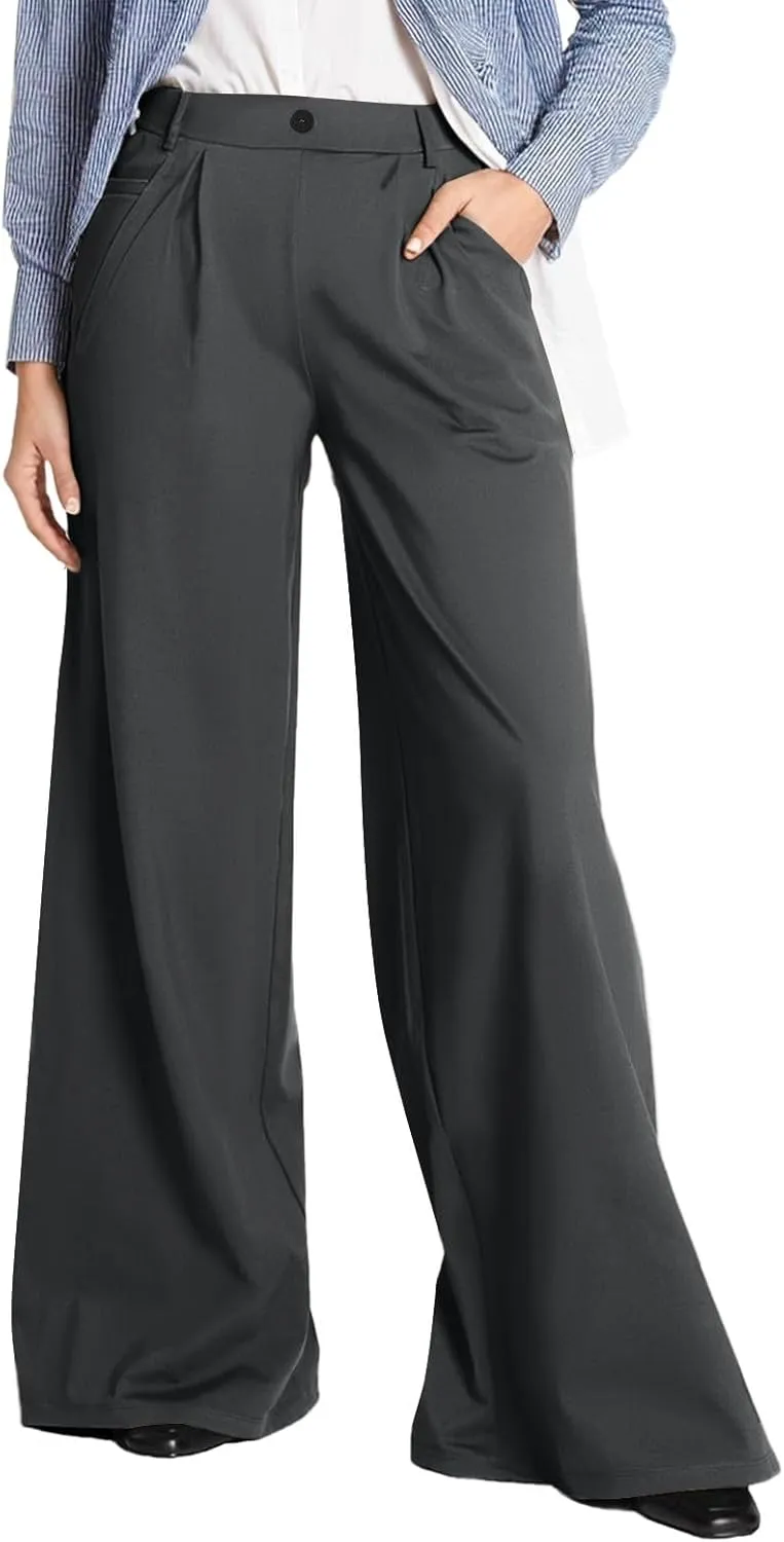 Palazzo Pants for Women Dressy Casual Wedding High Waisted Wide Leg Dress Pants Comfy Work Trousers with Pockets